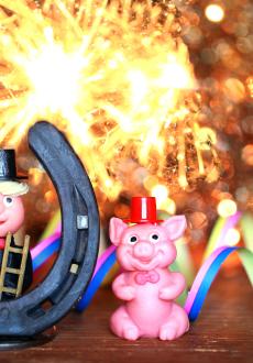 Silvester Bild mit Hufeisen, Marzipanschwein, Kaminkehrer und Feuerwerk Silvester Bild Kirchheimerhof